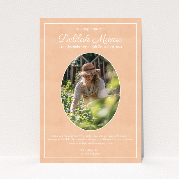 Funeral thank you card with single photo and message of gratitude
