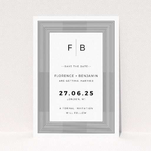 A6 Regent Geometric Save the Date card featuring striking geometric precision with meticulously aligned black and white lines, anchored by a bold monogram of the couple's initials, merging modern design sophistication with classic monogram personalisation, ideal for the stylish and design-conscious couple This is a view of the front