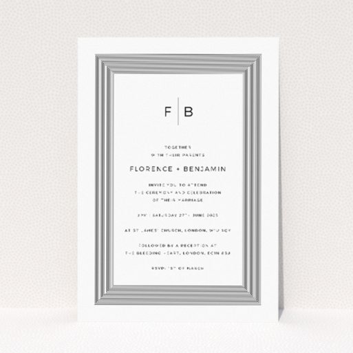 "Regent Geometric wedding invitation featuring precision and modernity with hypnotic concentric rectangles and central monogram of couple's initials, embodying contemporary elegance and urban chic for a bold statement of style.". This is a view of the front