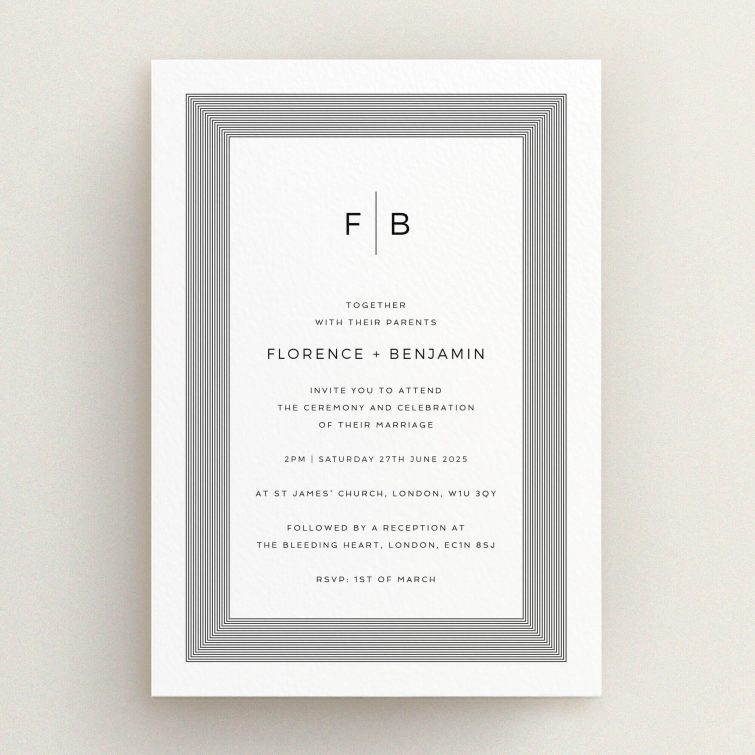 "Regent Geometric wedding invitation featuring precision and modernity with hypnotic concentric rectangles and central monogram of couple's initials, embodying contemporary elegance and urban chic for a bold statement of style.". This is a view of the front