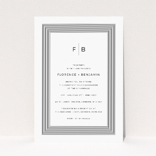 "Regent Geometric wedding invitation featuring precision and modernity with hypnotic concentric rectangles and central monogram of couple's initials, embodying contemporary elegance and urban chic for a bold statement of style.". This is a view of the front