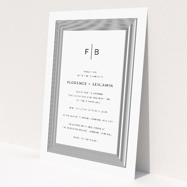 'Regent Geometric wedding invitation featuring precision and modernity with hypnotic concentric rectangles and central monogram of couple's initials, embodying contemporary elegance and urban chic for a bold statement of style.'. This is a view of the front