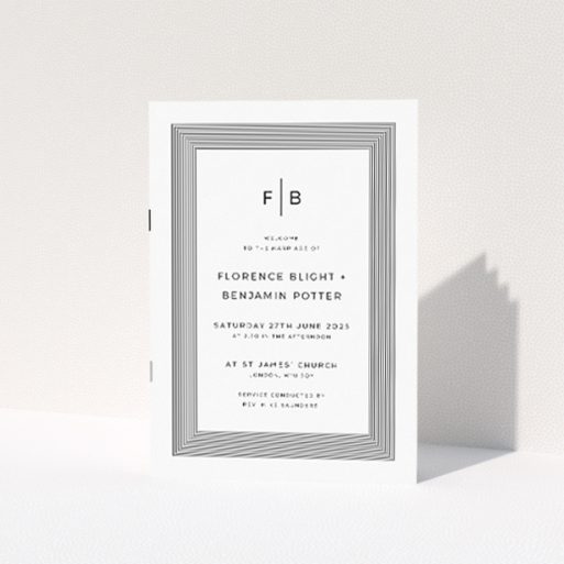 Geometric wedding order of service booklet design with monochrome palette and bold initials, ideal for modern couples with architectural tastes This is a view of the front