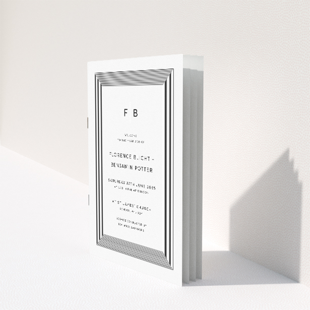 Geometric wedding order of service booklet design with monochrome palette and bold initials, ideal for modern couples with architectural tastes This image shows the front and back sides together