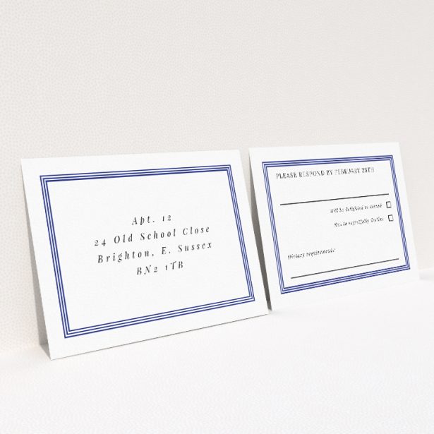 RSVP card with clean, classic design and bold navy border, ideal for couples seeking minimalist elegance in their wedding stationery ensemble This is a view of the back