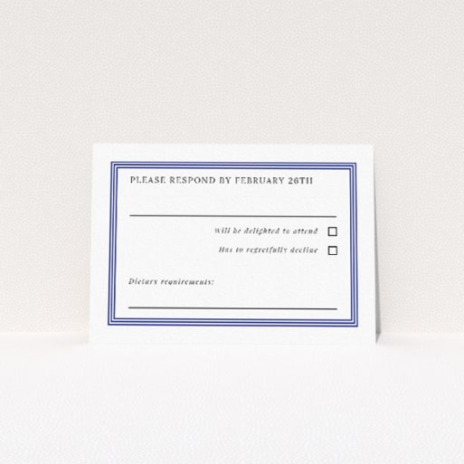 RSVP card with clean, classic design and bold navy border, ideal for couples seeking minimalist elegance in their wedding stationery ensemble This is a view of the front