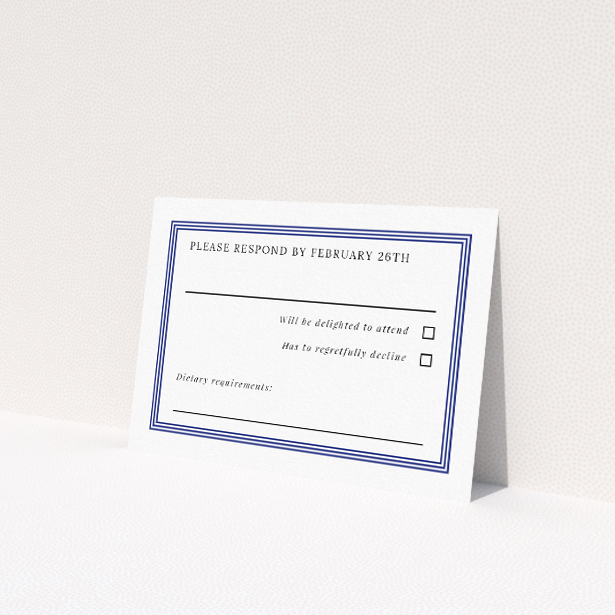 RSVP card with clean, classic design and bold navy border, ideal for couples seeking minimalist elegance in their wedding stationery ensemble This is a view of the front