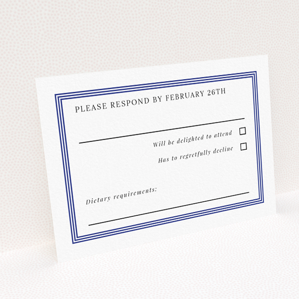 RSVP card with clean, classic design and bold navy border, ideal for couples seeking minimalist elegance in their wedding stationery ensemble This is a view of the back