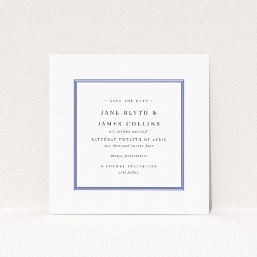 Regent Navy wedding save the date card featuring classic sophistication with regal navy blue accents on a crisp white background, perfect for couples valuing heritage and elegance in their wedding ceremony This is a view of the front