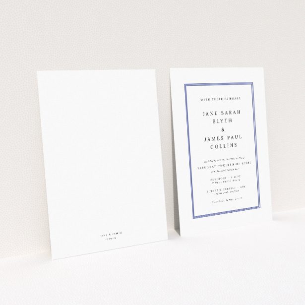 Regent Navy wedding invitation with striking navy blue border and clean, classic typeface on pristine white background, epitomizing simplicity and sophistication This image shows the front and back sides together