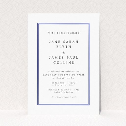 Regent Navy wedding invitation with striking navy blue border and clean, classic typeface on pristine white background, epitomizing simplicity and sophistication This is a view of the front