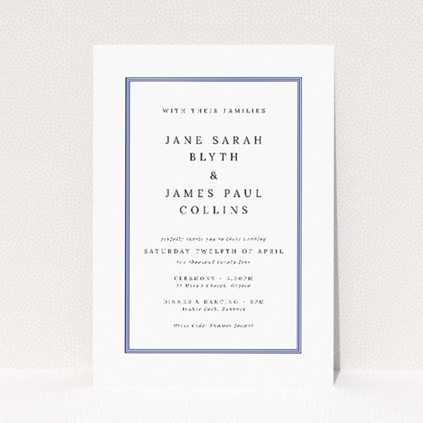 Regent Navy wedding invitation with striking navy blue border and clean, classic typeface on pristine white background, epitomizing simplicity and sophistication This is a view of the front