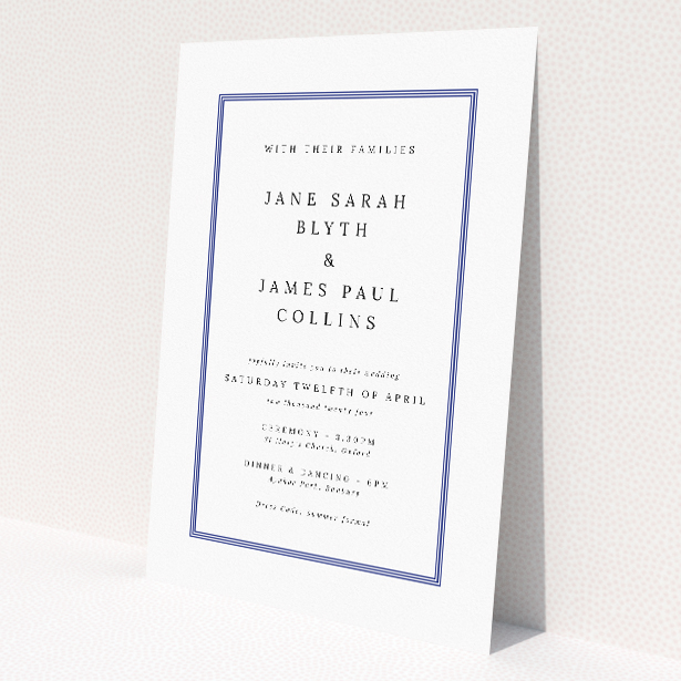 Regent Navy wedding invitation with striking navy blue border and clean, classic typeface on pristine white background, epitomizing simplicity and sophistication This image shows the front and back sides together