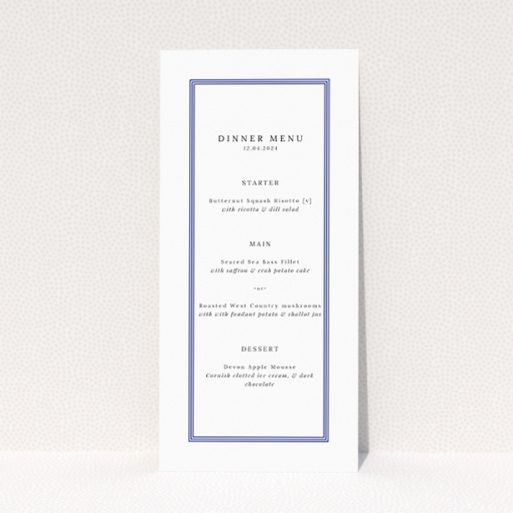 Regent Navy wedding menu template - Minimalist elegance with striking navy border and clean typeface on pristine white, perfect for couples seeking traditional style with modern simplicity This is a view of the front