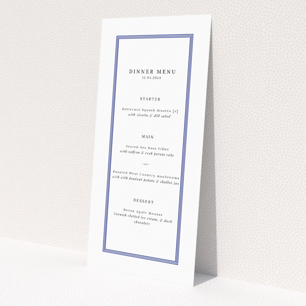 Regent Navy wedding menu template - Minimalist elegance with striking navy border and clean typeface on pristine white, perfect for couples seeking traditional style with modern simplicity This is a view of the back