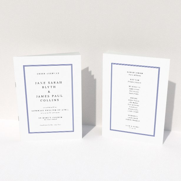 Stately 'Regent Navy' Wedding Order of Service A5 booklet design featuring a refined navy blue frame on a crisp white background, exuding sophistication and elegance This image shows the front and back sides together