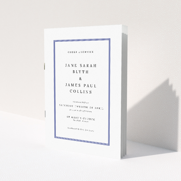 Stately 'Regent Navy' Wedding Order of Service A5 booklet design featuring a refined navy blue frame on a crisp white background, exuding sophistication and elegance This is a view of the front