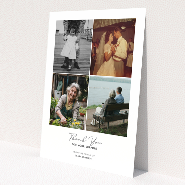 Funeral thank you card with four photos and elegant text design.