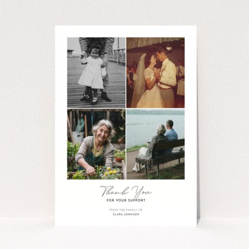 Funeral thank you card with four photos and elegant text design.