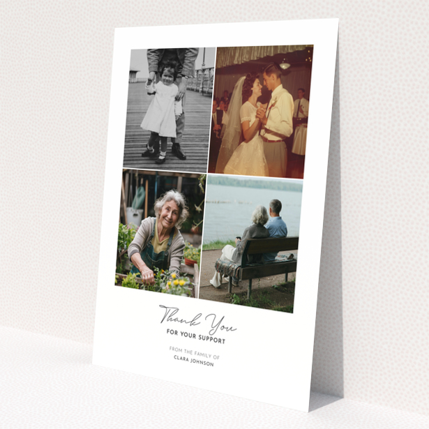 Funeral thank you card with four photos and elegant text design.