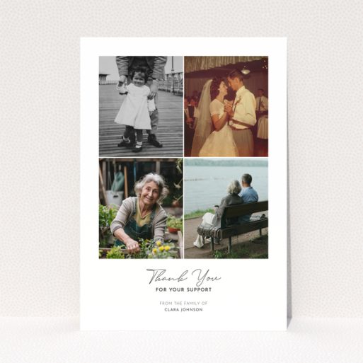 Funeral thank you card with four photos and elegant text design.