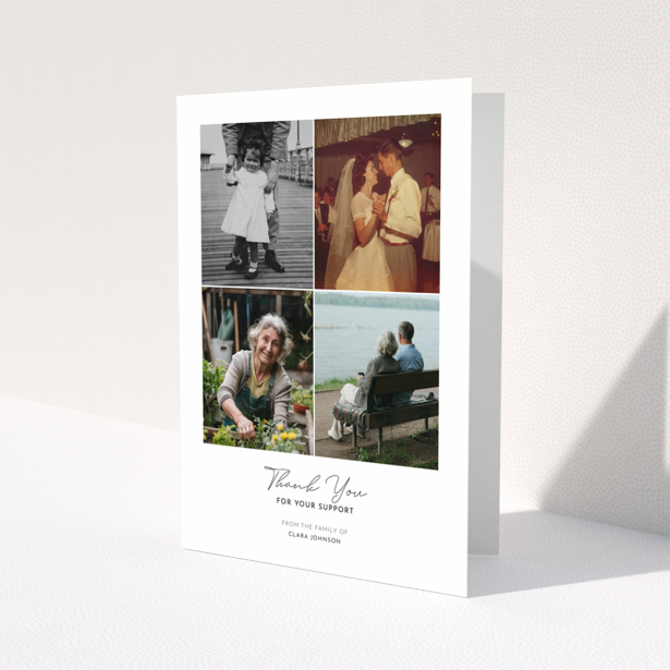 Funeral thank you card with four photos and elegant text design.