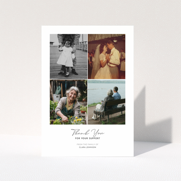 Funeral thank you card with four photos and elegant text design.