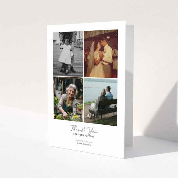 Funeral thank you card with four photos and elegant text design.