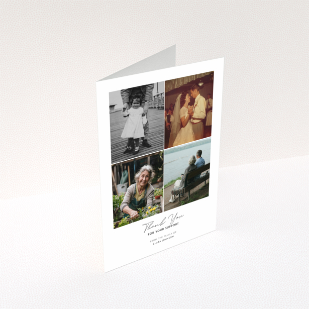 Funeral thank you card with four photos and elegant text design.