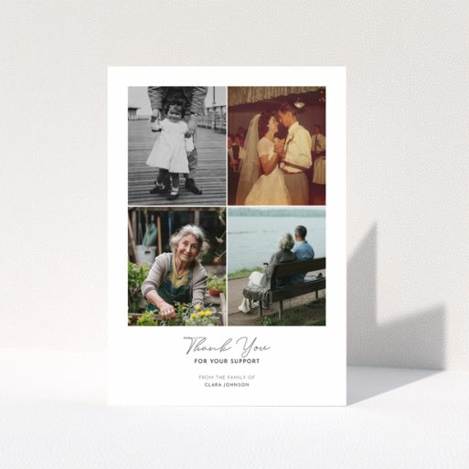 Funeral thank you card with four photos and elegant text design.