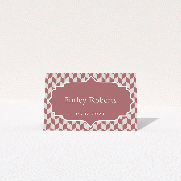 Place cards with captivating geometric patterns in warm earthy tones, featuring bold serif typeface for sophistication, ideal for couples seeking statement wedding stationery from the Retro Geo suite This is a view of the front