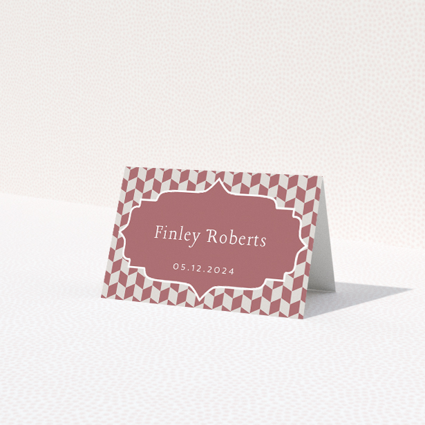 Place cards with captivating geometric patterns in warm earthy tones, featuring bold serif typeface for sophistication, ideal for couples seeking statement wedding stationery from the Retro Geo suite This is a third view of the front
