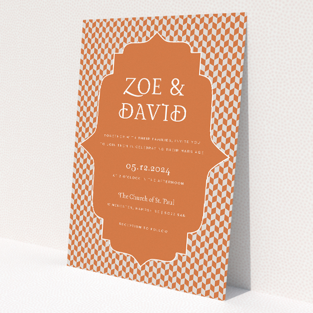 A5 wedding invitation featuring the 'Retro Geo' vintage-inspired geometric design in warm earthy tones. This image shows the front and back sides together