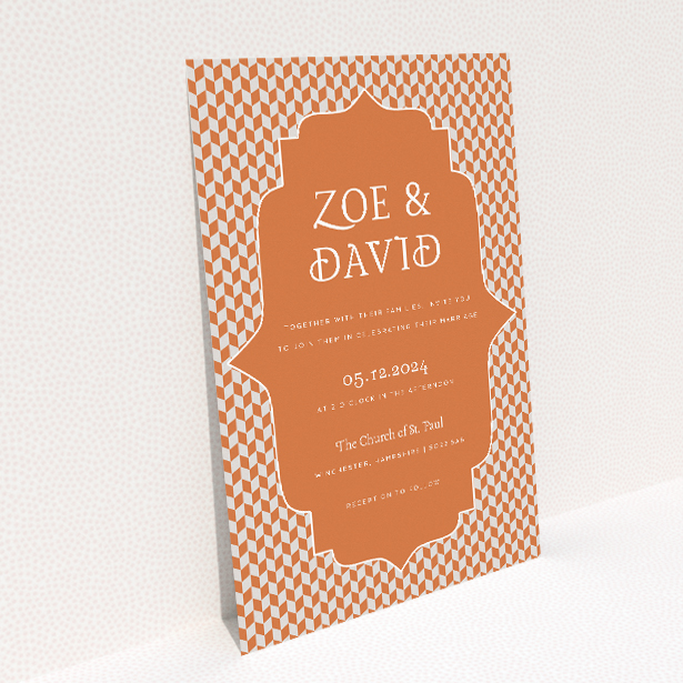 A5 wedding invitation featuring the 'Retro Geo' vintage-inspired geometric design in warm earthy tones. This image shows the front and back sides together