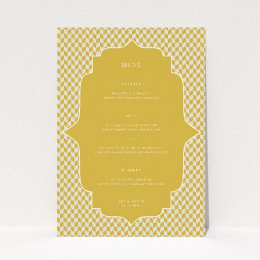 Retro Geo wedding menu template with vintage charm and contemporary flair, featuring captivating geometric patterns and warm, earthy tones This is a view of the front