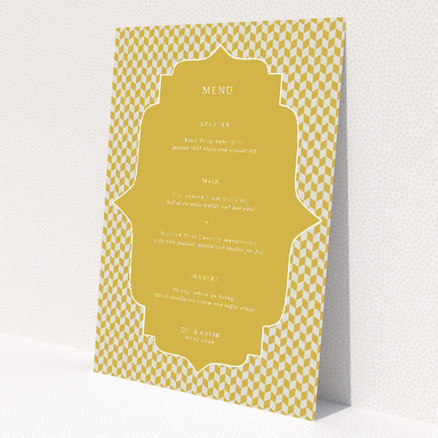 Retro Geo wedding menu template with vintage charm and contemporary flair, featuring captivating geometric patterns and warm, earthy tones This image shows the front and back sides together