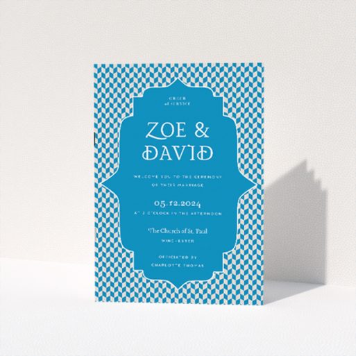 Retro Geo Wedding Order of Service booklet with navy blue and white chevron pattern and Moroccan tile-shaped panel This is a view of the front