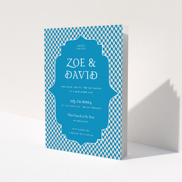 Retro Geo Wedding Order of Service booklet with navy blue and white chevron pattern and Moroccan tile-shaped panel This image shows the front and back sides together