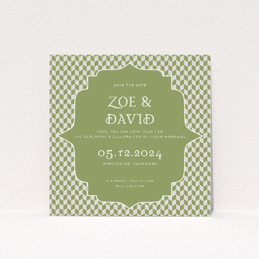 Retro Geo Wedding Save the Date Card Template - Vintage-Inspired Green and White Geometric Design. This is a view of the front