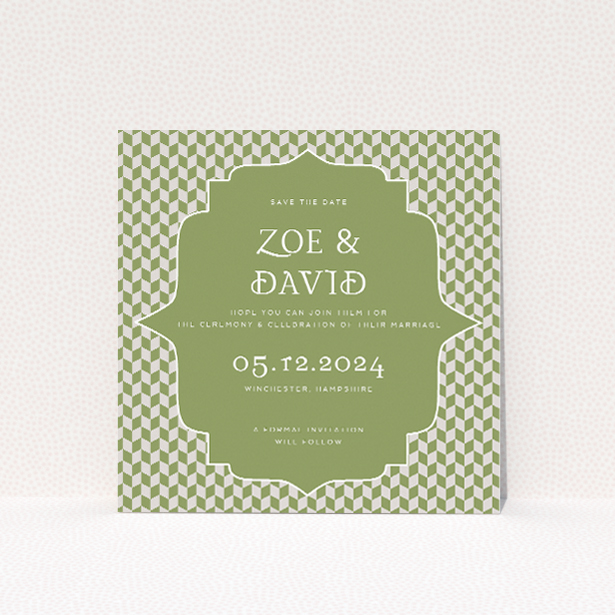 Retro Geo Wedding Save the Date Card Template - Vintage-Inspired Green and White Geometric Design. This is a view of the front