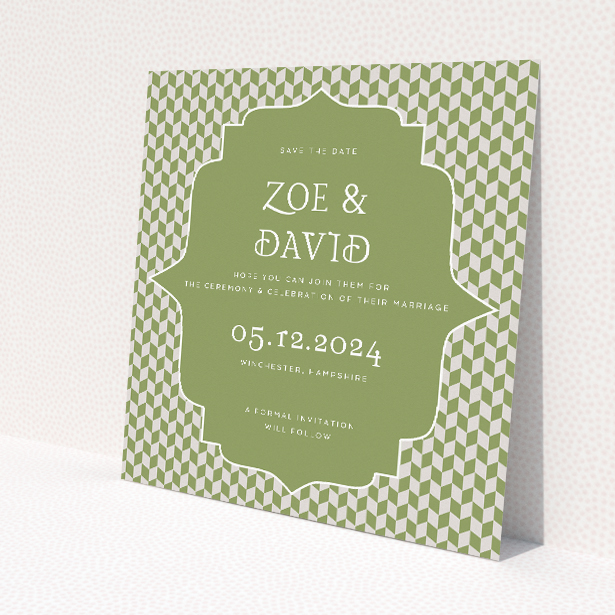 Retro Geo Wedding Save the Date Card Template - Vintage-Inspired Green and White Geometric Design. This image shows the front and back sides together