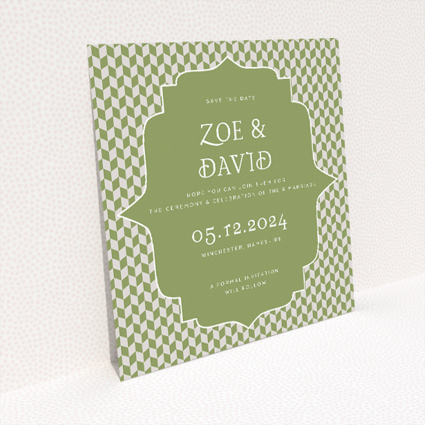 Retro Geo Wedding Save the Date Card Template - Vintage-Inspired Green and White Geometric Design. This image shows the front and back sides together