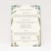 Richmond Meadow wedding information insert card featuring a captivating wreath of wildflowers and foliage, perfect for couples seeking a whimsical charm amidst the beauty of nature in their wedding stationery This is a view of the front
