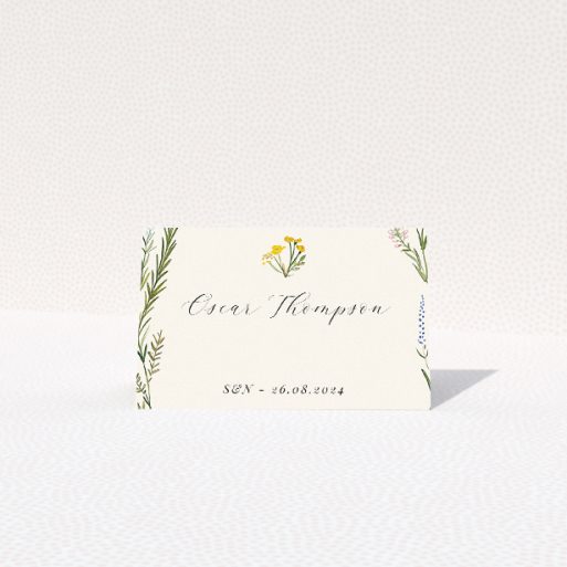 Richmond Meadow Place Cards - Elegant English Countryside Wedding Place Card Template with Wildflower and Foliage Design. This is a view of the front
