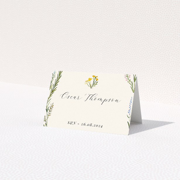 Richmond Meadow Place Cards - Elegant English Countryside Wedding Place Card Template with Wildflower and Foliage Design. This is a third view of the front