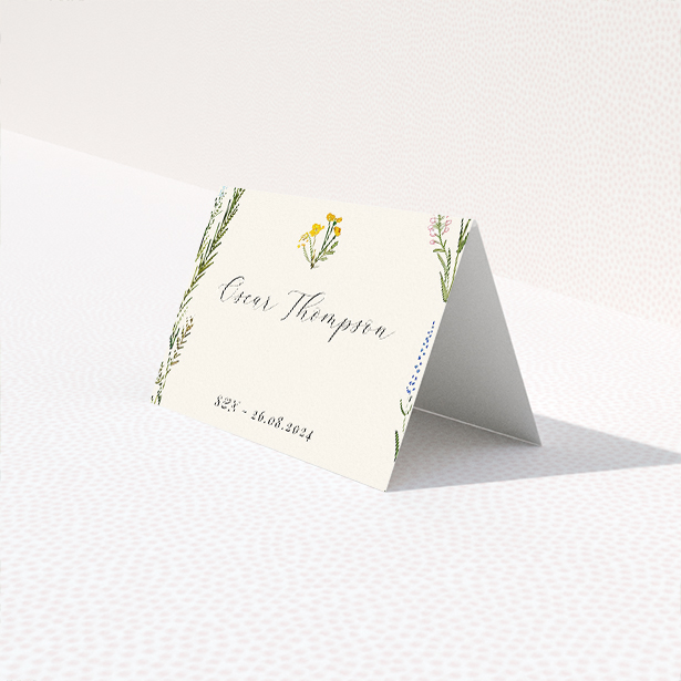 Richmond Meadow Place Cards - Elegant English Countryside Wedding Place Card Template with Wildflower and Foliage Design. This is a third view of the front