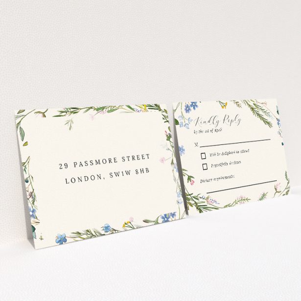 RSVP card template from the 'Richmond Meadow' suite, featuring a springtime palette inspired by English countryside wildflowers and meadows This is a view of the back