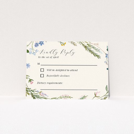 RSVP card template from the 'Richmond Meadow' suite, featuring a springtime palette inspired by English countryside wildflowers and meadows This is a view of the front