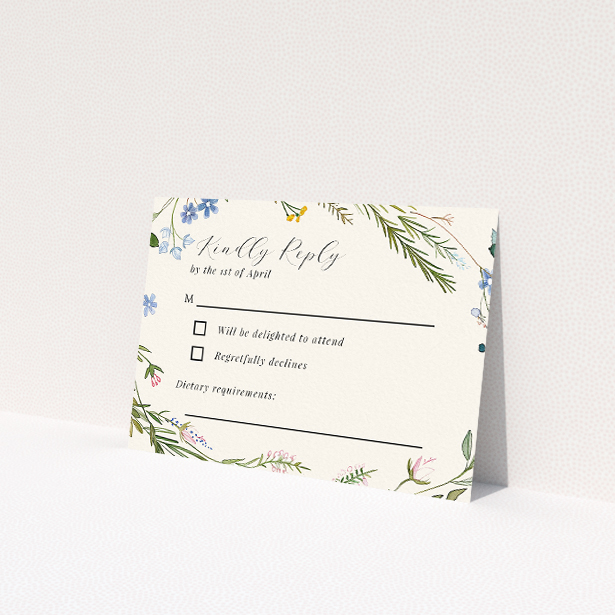 RSVP card template from the 'Richmond Meadow' suite, featuring a springtime palette inspired by English countryside wildflowers and meadows This is a view of the front
