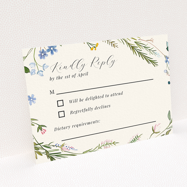 RSVP card template from the 'Richmond Meadow' suite, featuring a springtime palette inspired by English countryside wildflowers and meadows This is a view of the back